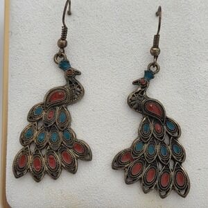 Vintage Peacock Enamel Dangle Earrings Bronze Tone Boho Red‎ Blue Bird Drop